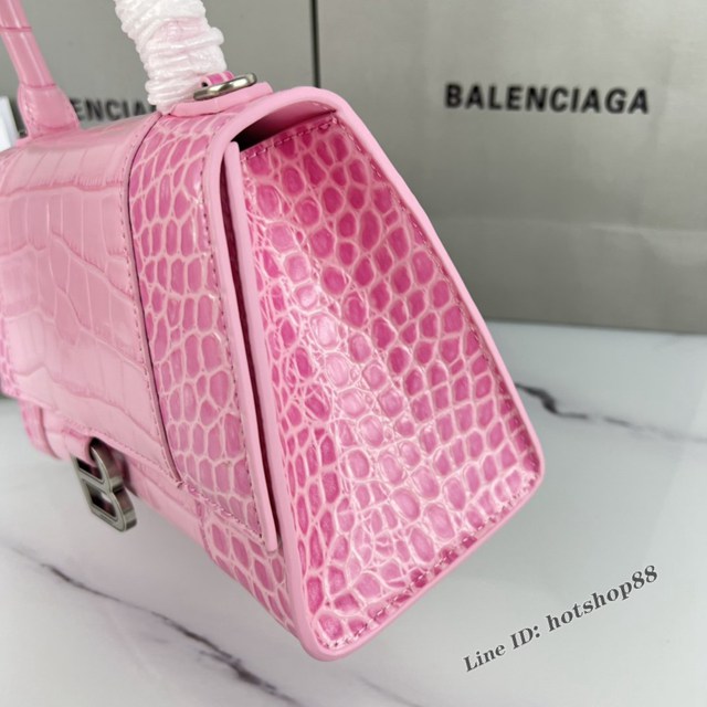 Balenciaga專櫃爆款櫻花粉鱷魚紋銀扣手提女包 巴黎世家原廠S號Hourglass沙漏包 款號：8895 fyj1197